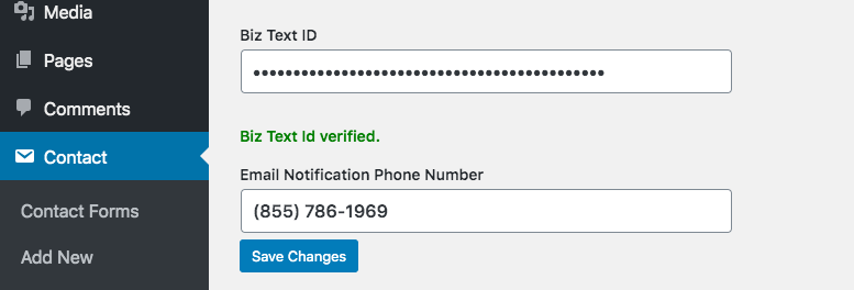 Screenshot of Biz Text ID verified in global settings