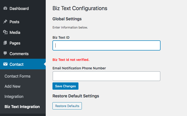 Screenshot of the Biz Text Integrations Page