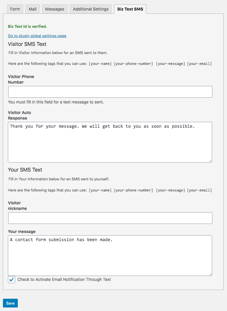 Screenshot of the Biz Text SMS tab
