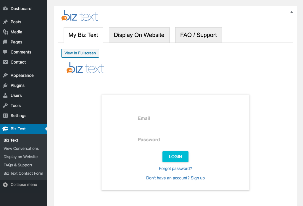 Screenshot of the plugin login under My Biz Text Tab