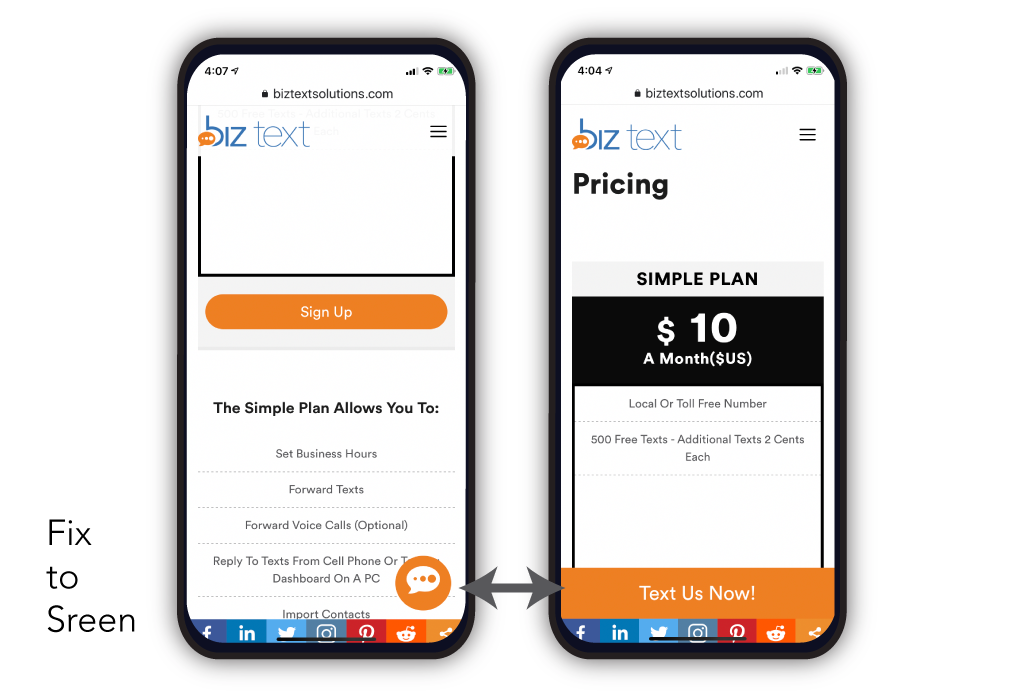 Screenshot of two phones, one showing a fixed icon the other a button at bottom of phone