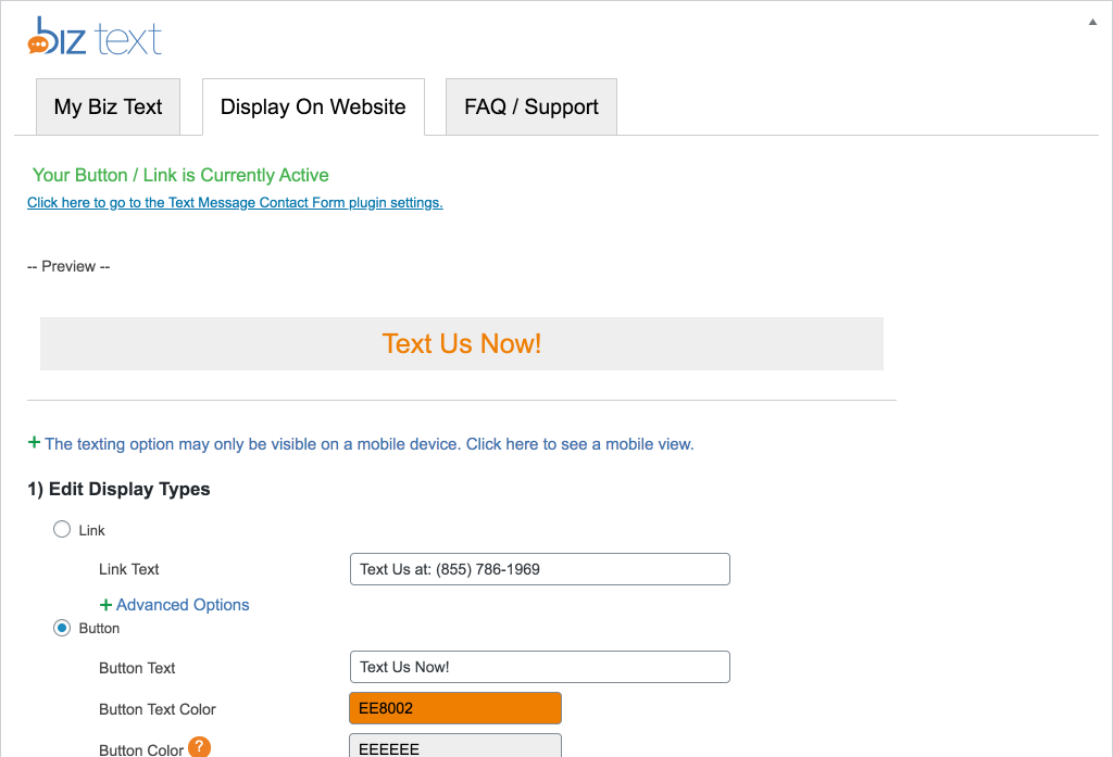 Screenshot of the Display on Website Tab of plugin