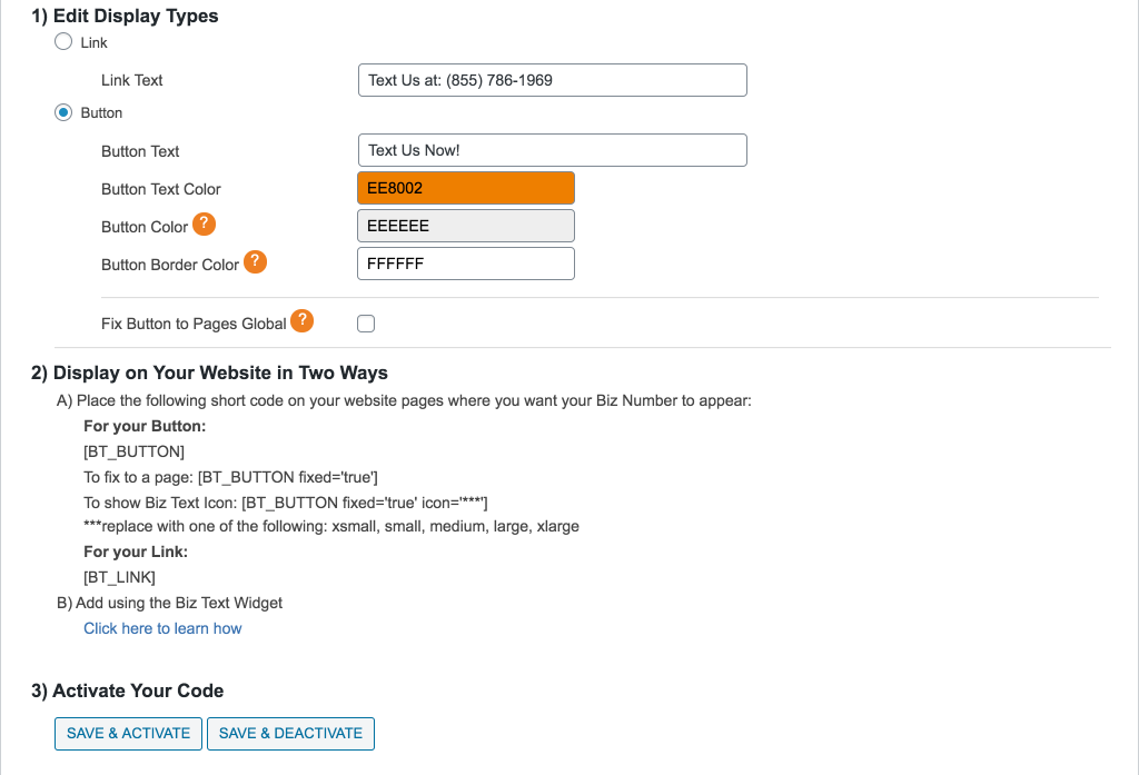 Screenshot showing the plugin and three steps to displaying button or link