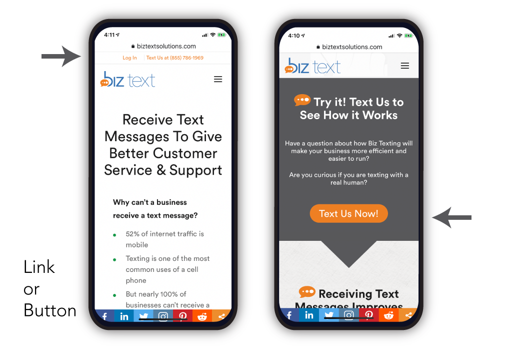 Screenshot of two phones, one with a link one with a button